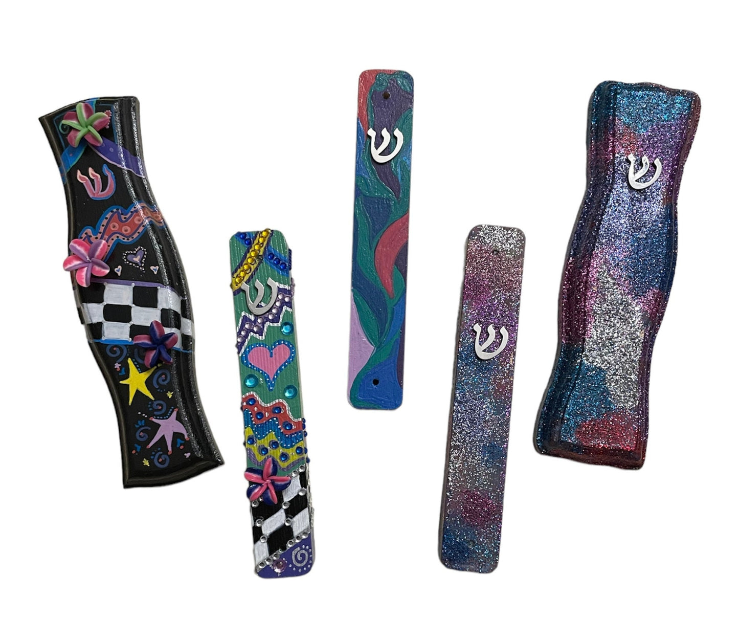 Hand painted Mezuzah Case Judaica checker board flowers funky rhinestones glitter waves spiral leaves