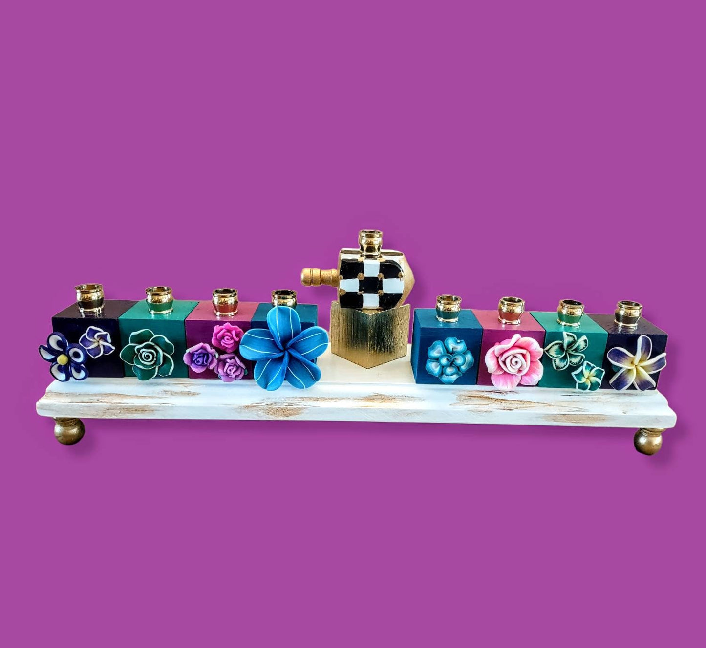 Black white and gold Checkerboard Tropical Flower Hanukah menorah menorah Judaica Jewish