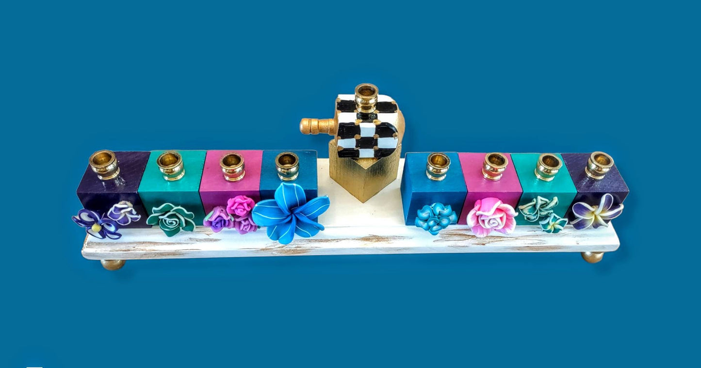 Black white and gold Checkerboard Tropical Flower Hanukah menorah menorah Judaica Jewish