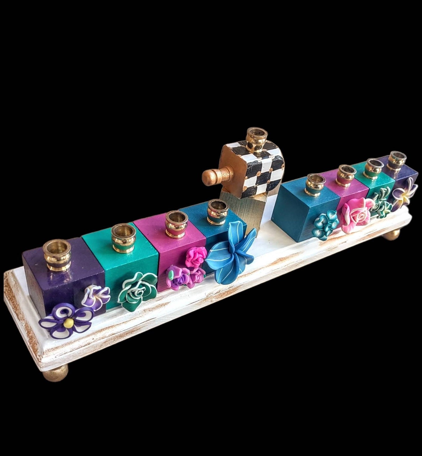 Black white and gold Checkerboard Tropical Flower Hanukah menorah menorah Judaica Jewish