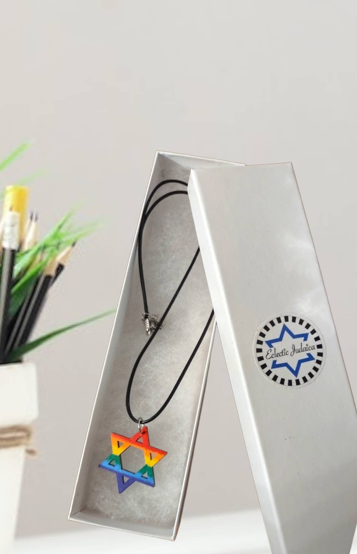 Rainbow Painted Wood Necklace, Choice of Hamsa or Star