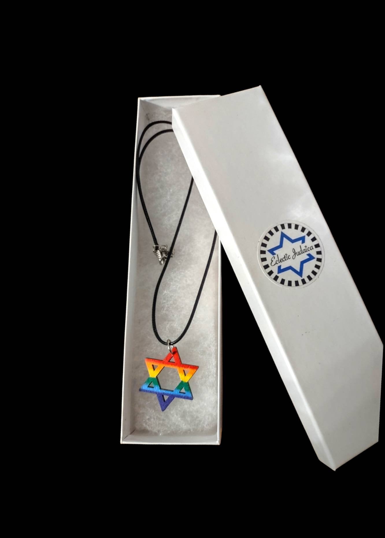 Rainbow Painted Wood Necklace, Choice of Hamsa or Star