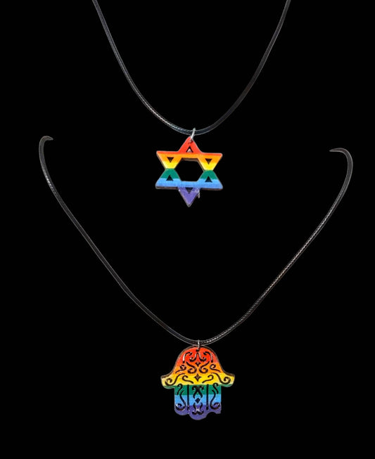 Rainbow Painted Wood Necklace, Choice of Hamsa or Star