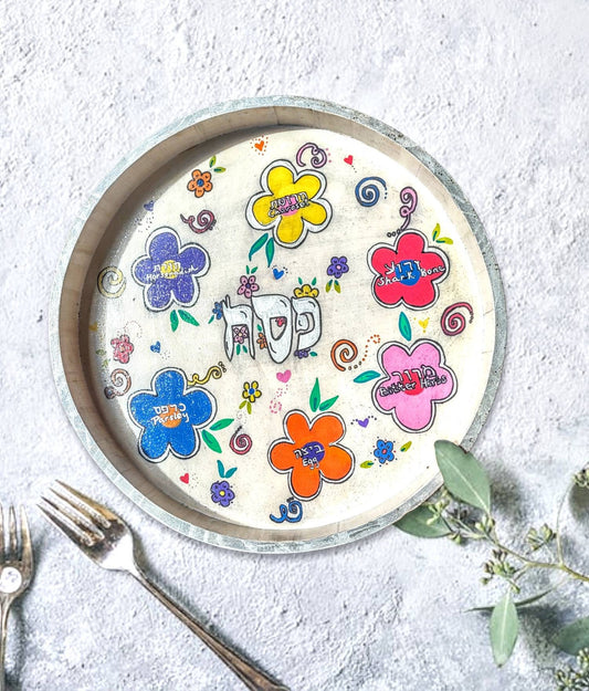 Hand-Painted Floral Seder Plate, Glitter Accent - Passover Judaica
