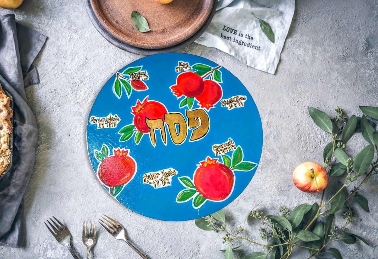 Hand-Painted Pomegranate Passover Seder Plate with Glass Bowls