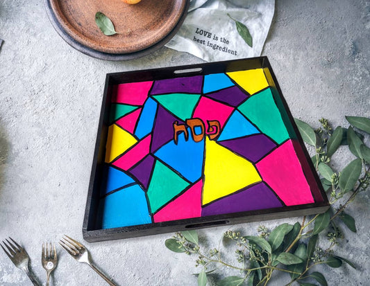 Art Deco Faux Stained Glass Seder Plate, Hand-Painted Pesach Plate