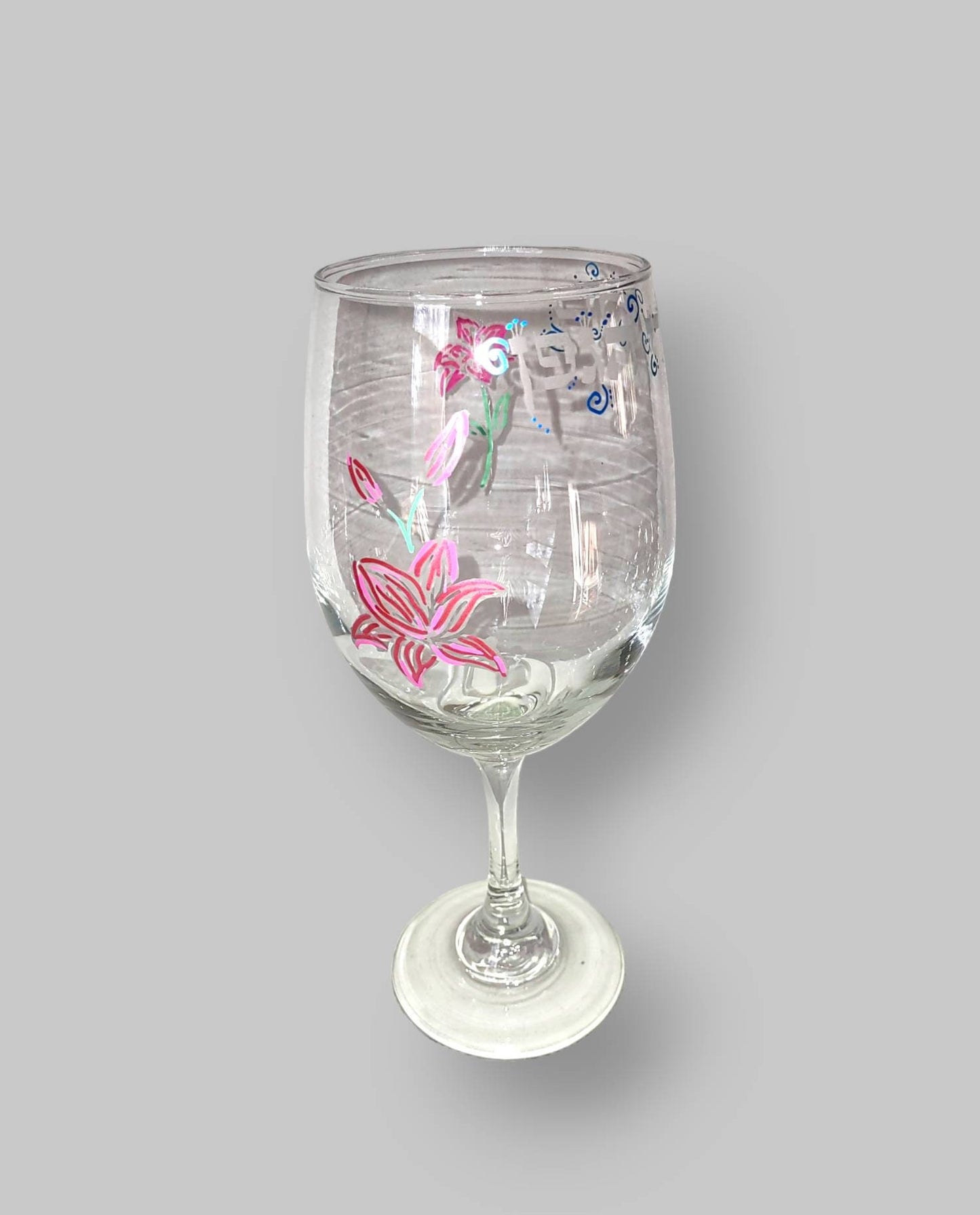 Blessing Over Wine Kiddish Cup Lilies Etched Glass Hand Painted Passover Tableware