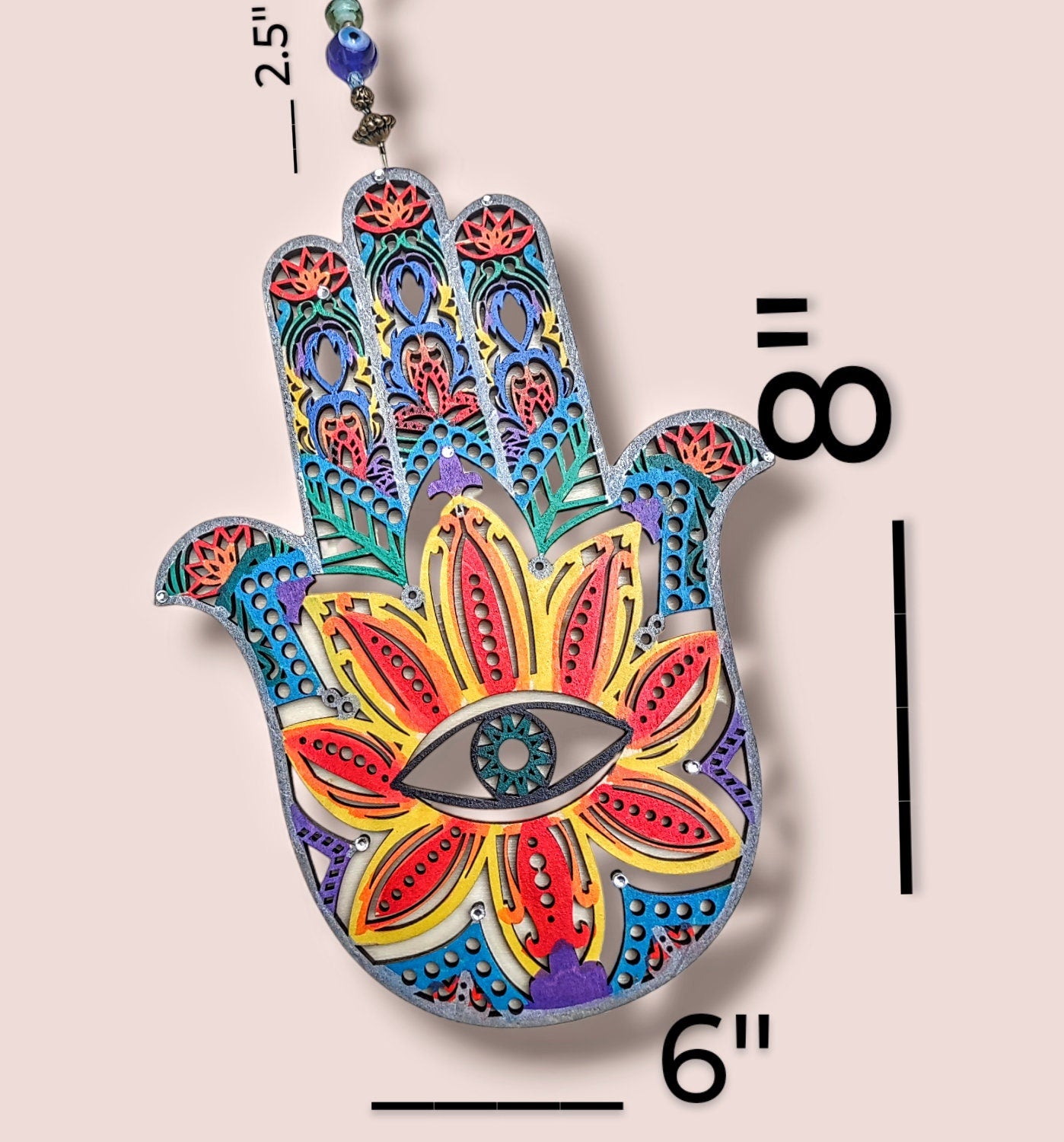 Hand Painted Wooden Hamsa Wall Hanging: Fatima, Evil Eye, Tree of Life