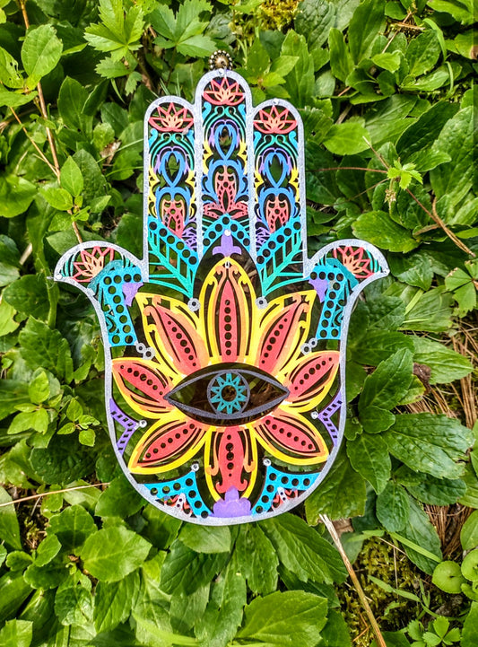 Hand Painted Wooden Hamsa Wall Hanging: Fatima, Evil Eye, Tree of Life