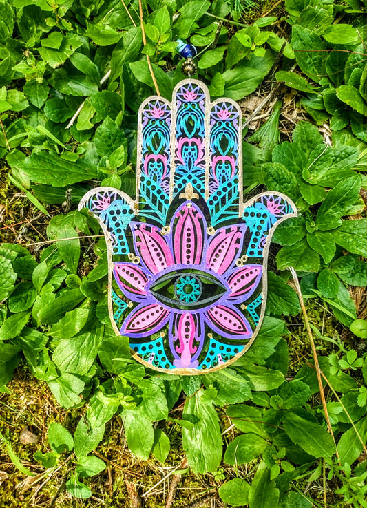 Hand Painted Wooden Hamsa Wall Hanging: Fatima, Evil Eye, Tree of Life