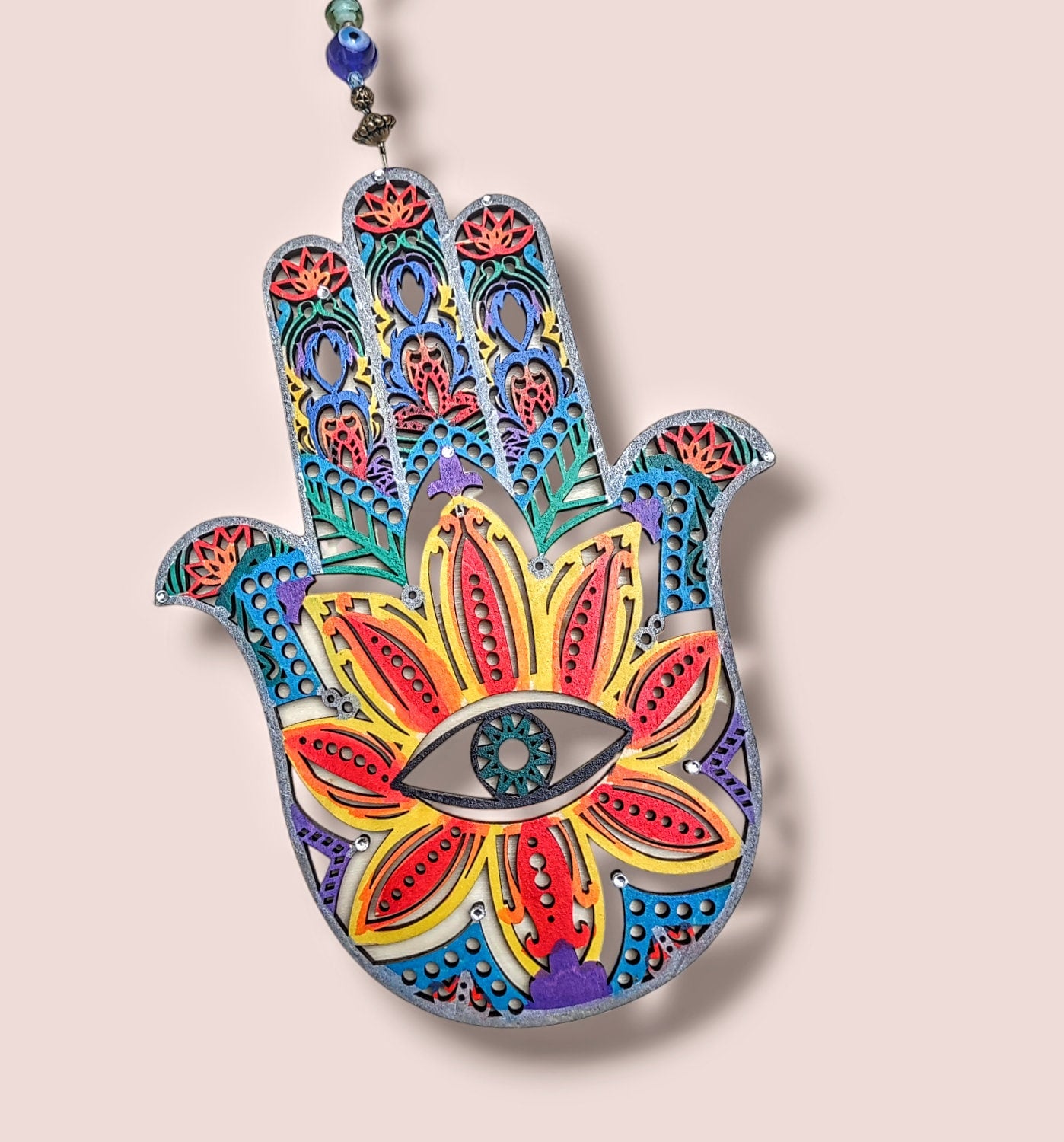 Hand Painted Wooden Hamsa Wall Hanging: Fatima, Evil Eye, Tree of Life