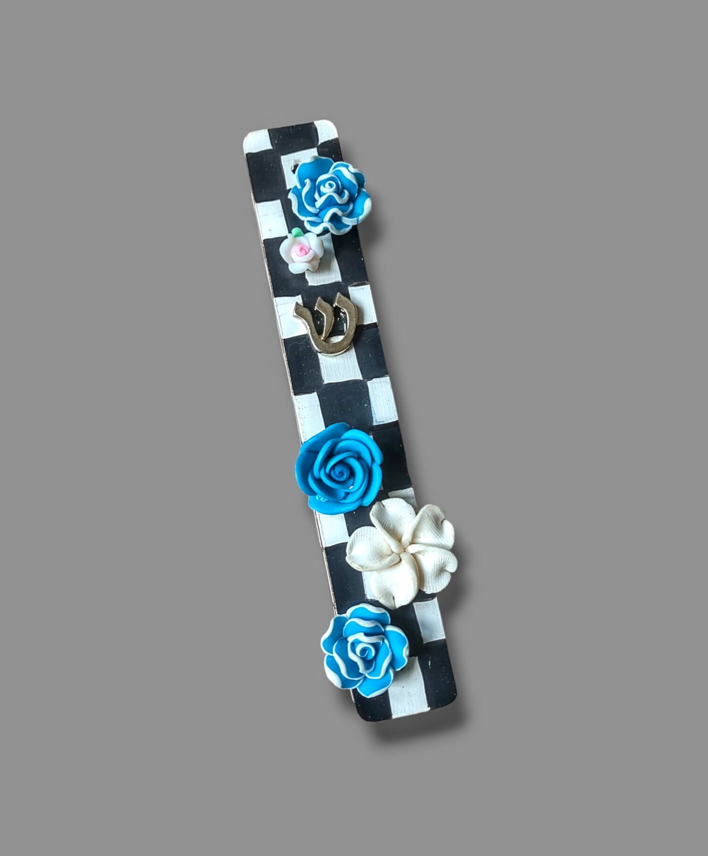 Hand-Painted Mezuzah Case: Checkerboard & Silicone Flowers
