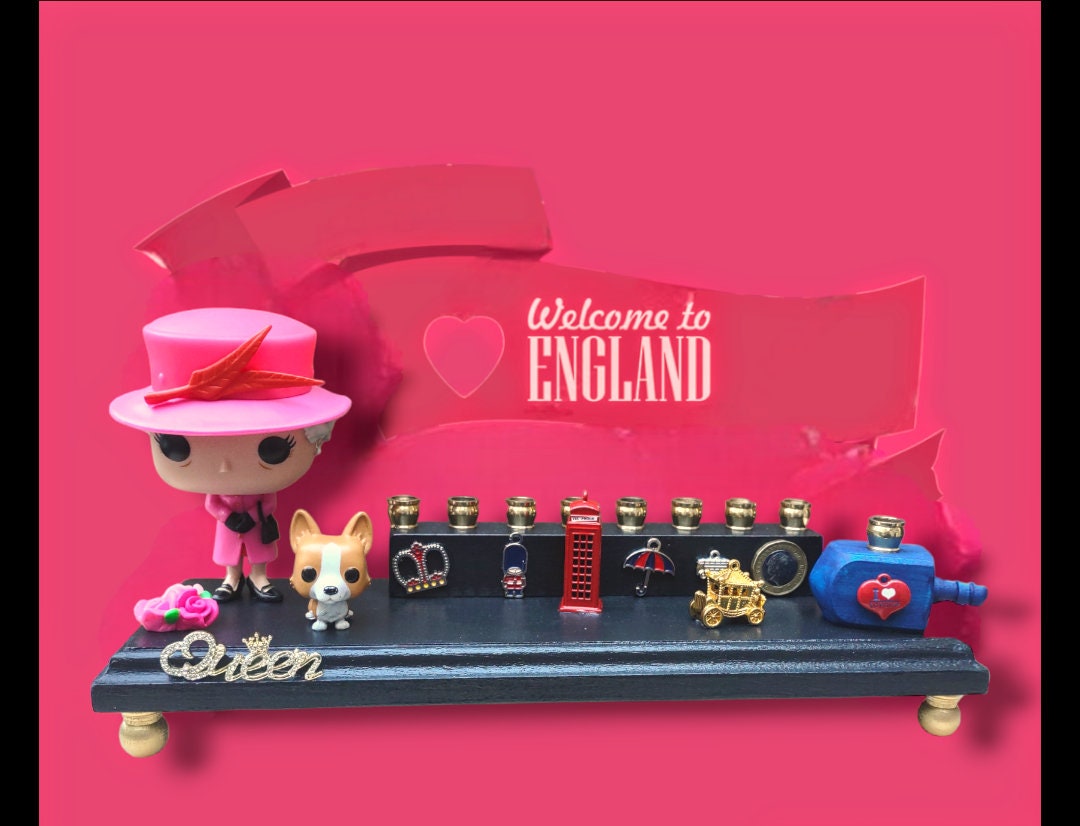 Queen Elizabeth Commemorative Menorah with Corgi & English Charms