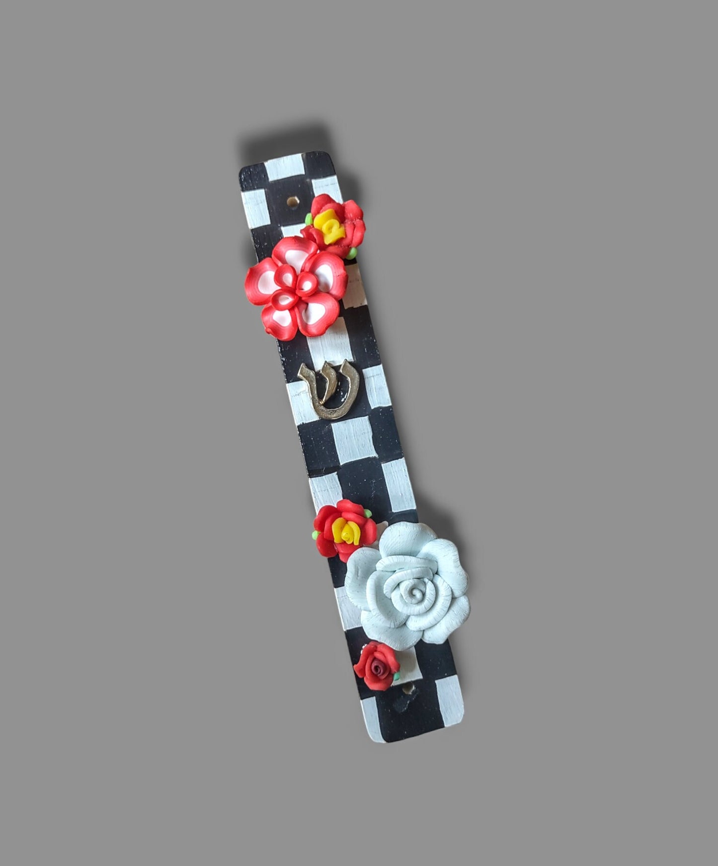 Hand-Painted Mezuzah Case: Checkerboard & Silicone Flowers