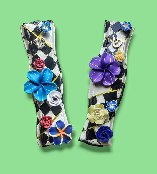 Checks & Flowers Hand-painted Mezuzah Case- Hourglass Shape