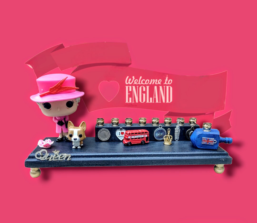 Queen Elizabeth Commemorative Menorah with Corgi & English Charms