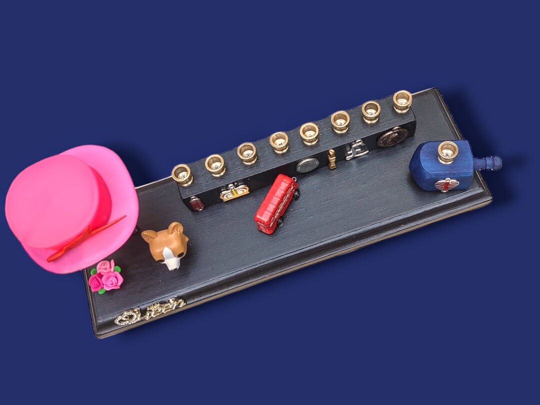 Queen Elizabeth Commemorative Menorah with Corgi & English Charms
