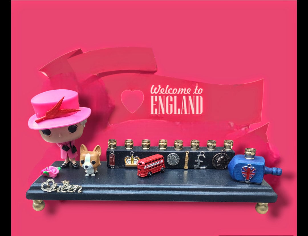 Queen Elizabeth Commemorative Menorah with Corgi & English Charms