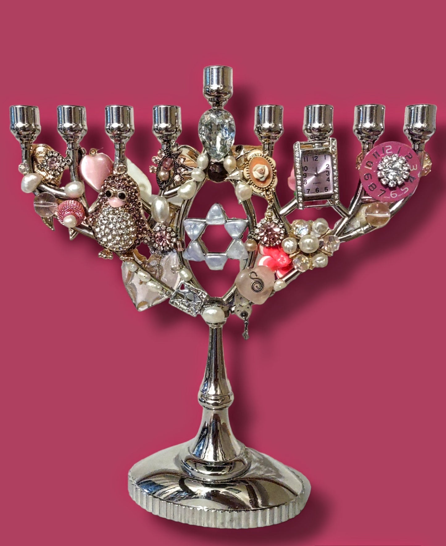 Vintage Jeweled Menorah, Silver & Pink Ribbon, Breast Cancer Donation