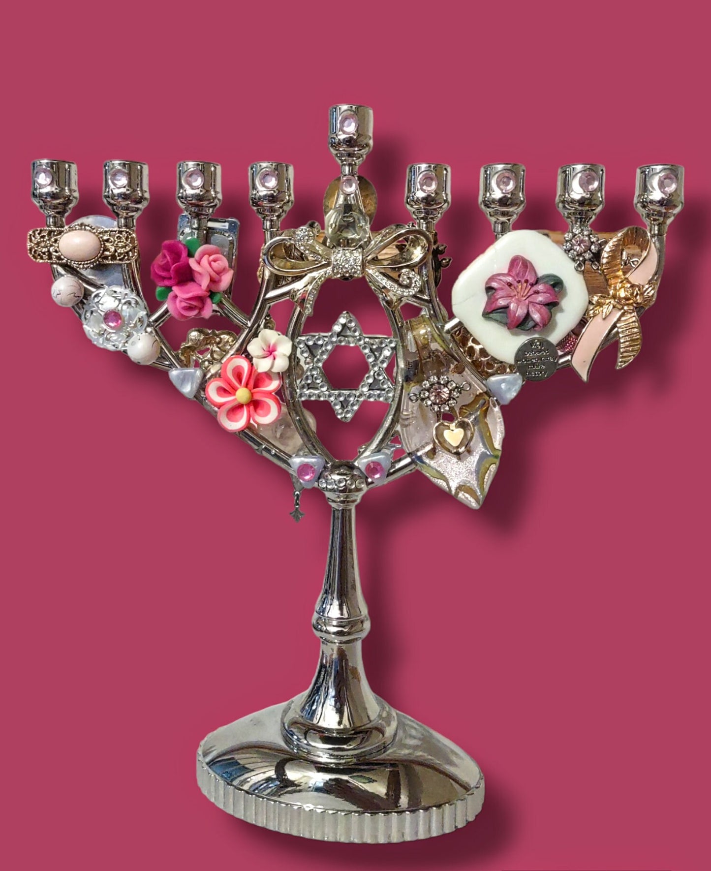 Vintage Jeweled Menorah, Silver & Pink Ribbon, Breast Cancer Donation