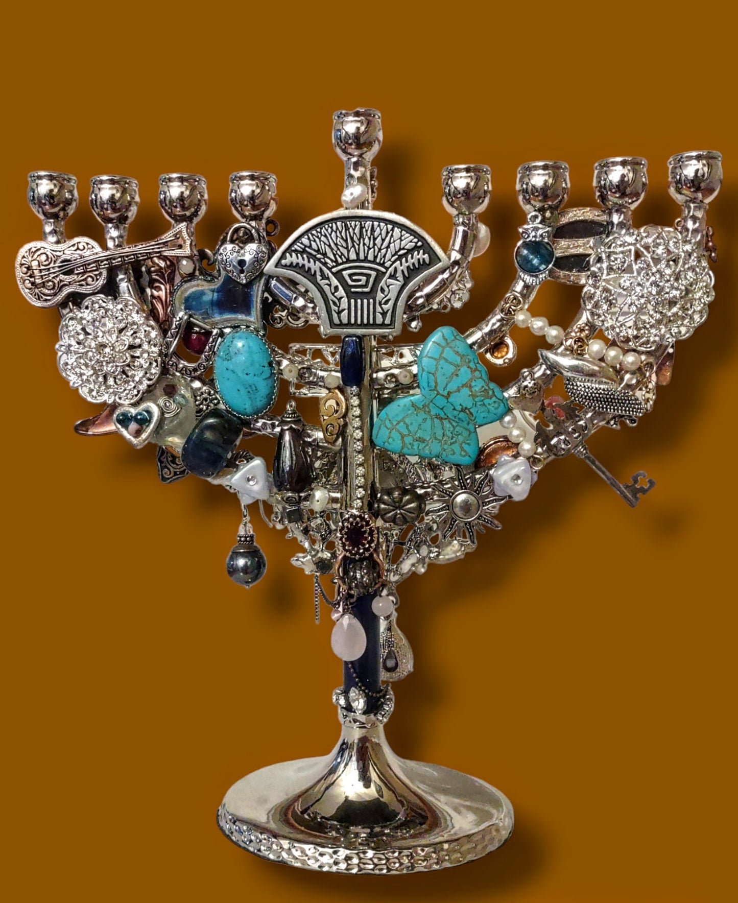 Jeweled Menorah, Upcycled Vintage Jewelry Hanukkiah