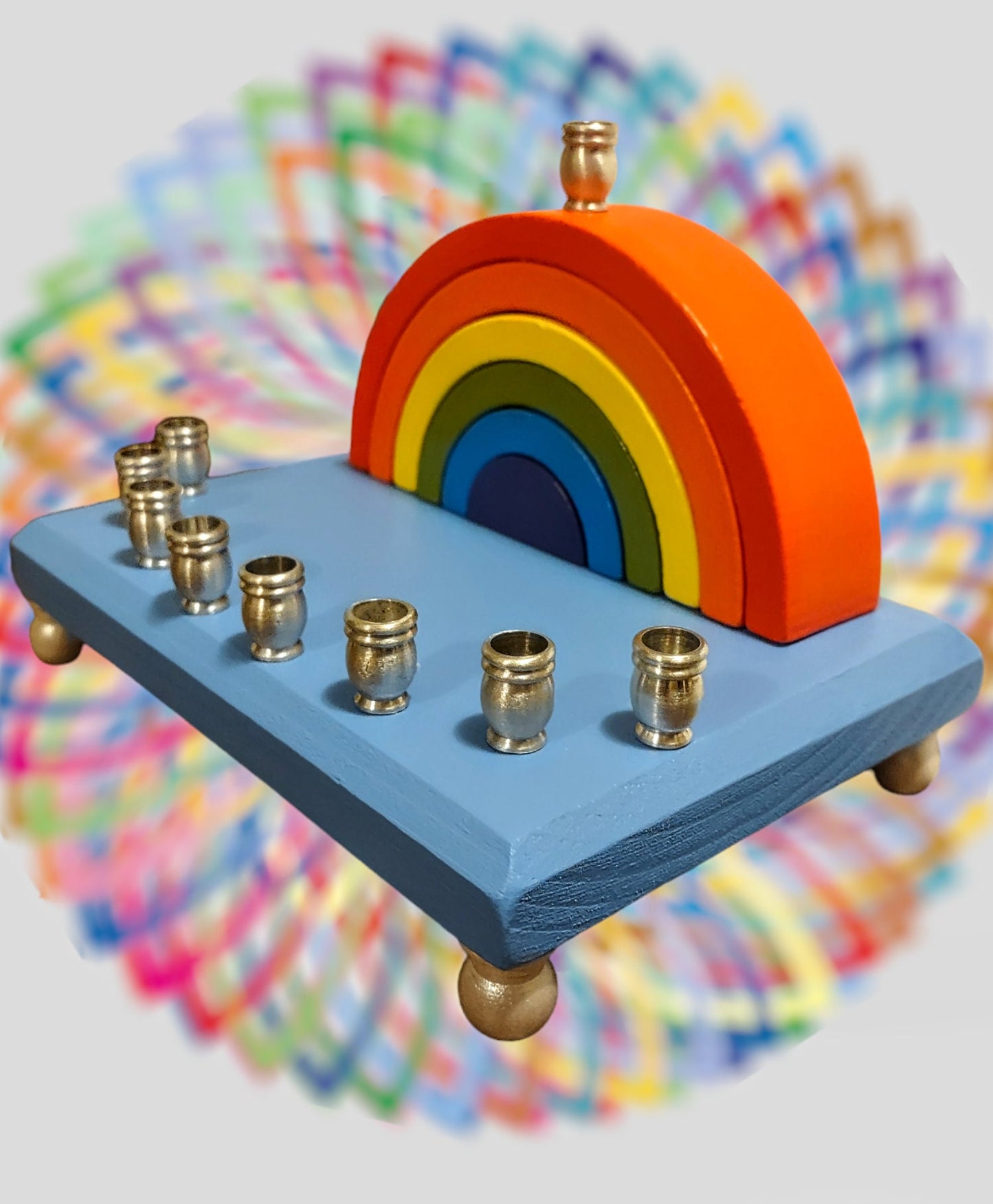 Rainbow Wood Menorah Hanukkiah Judaica Jewish Hanukkah Gift