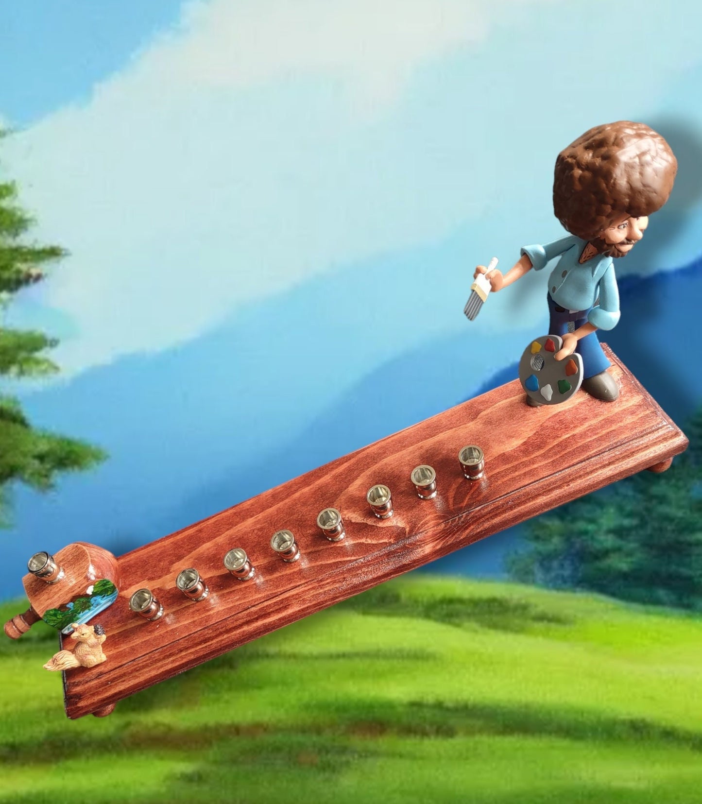 Collector Bob Ross Menorah Candle Hanukkah Judaica Repurposed Jewish Happy Little Trees