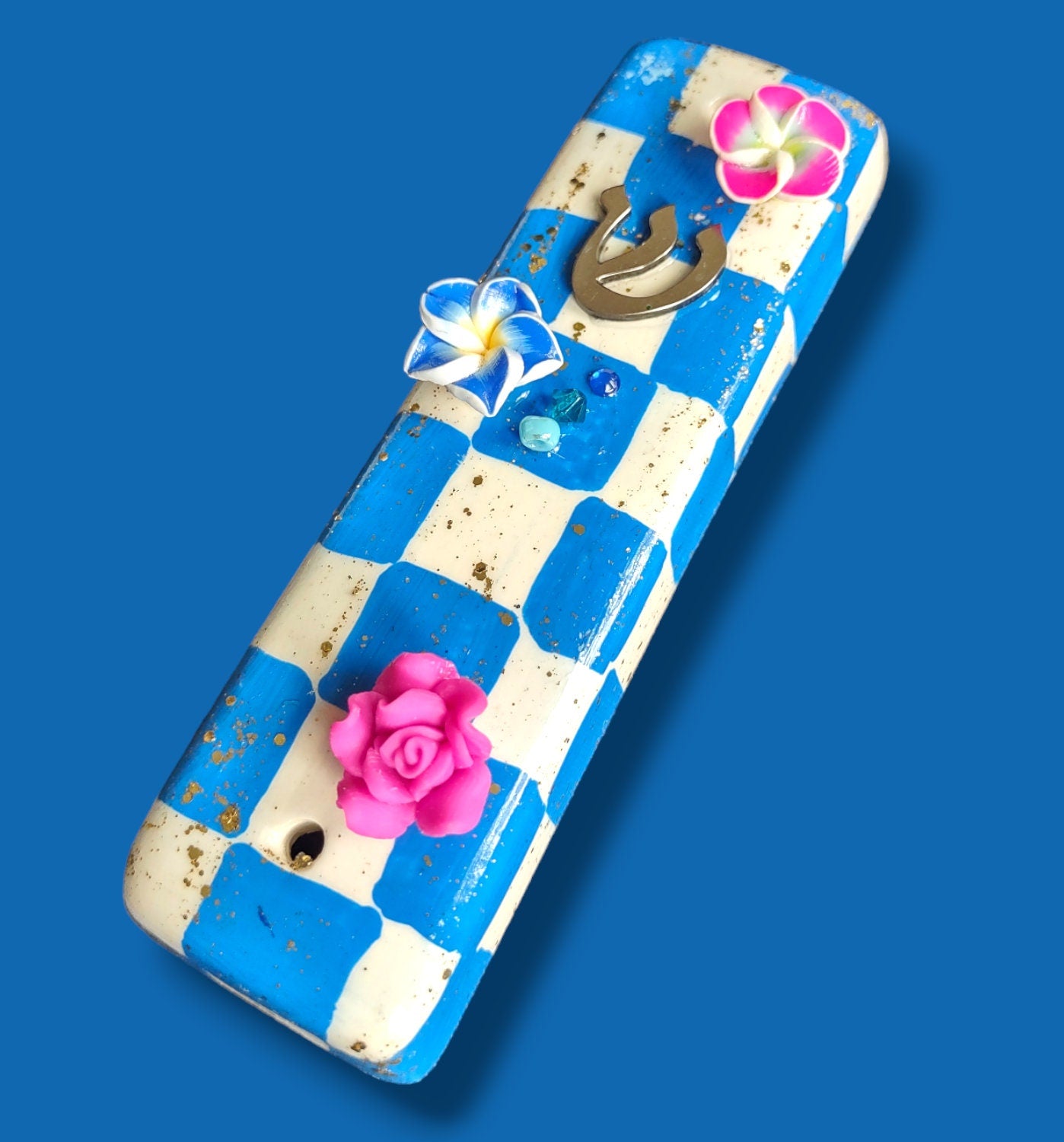 Checkerboard Ceramic Mezuzah Case with Glitter & Flowers