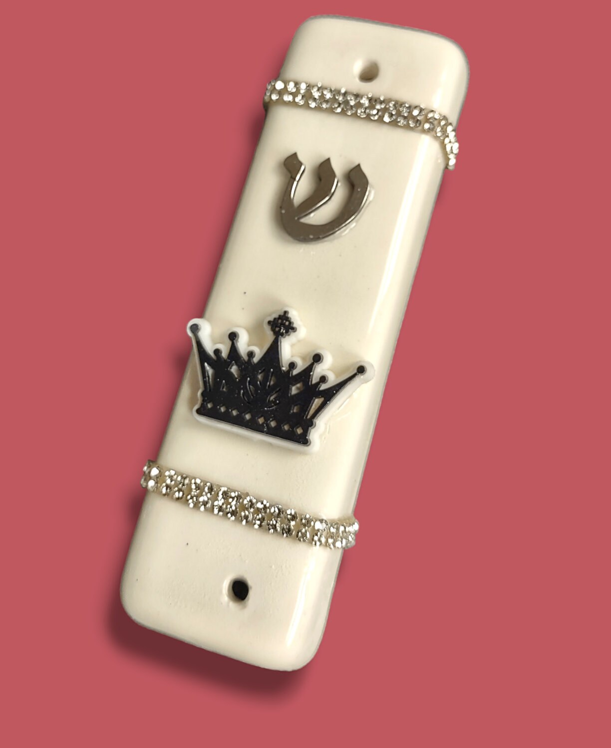 Ceramic Checkerboard Rhinestone Mezuzah Case, Judaica Gift