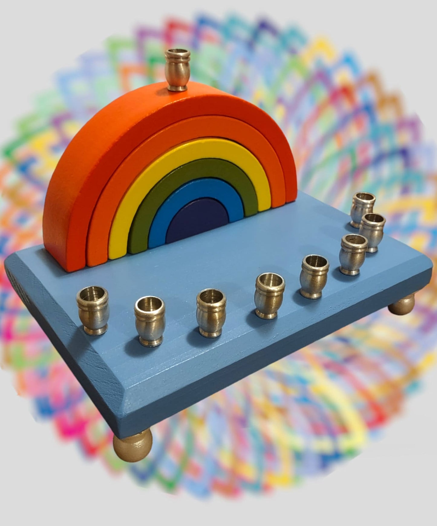 Rainbow Wood Menorah Hanukkiah Judaica Jewish Hanukkah Gift