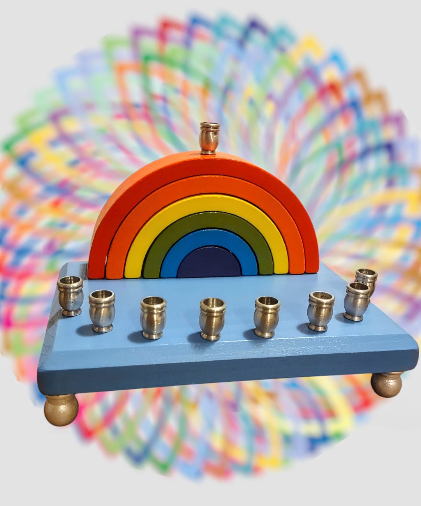 Rainbow Wood Menorah Hanukkiah Judaica Jewish Hanukkah Gift