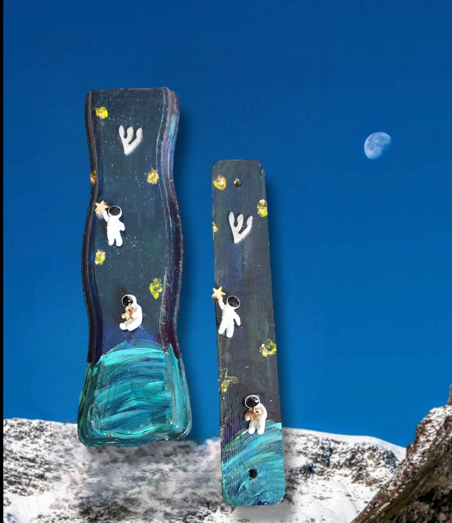 Astronaut Mezuzah, Sparkly Black Paint Pour, Kids Upsherin Gift