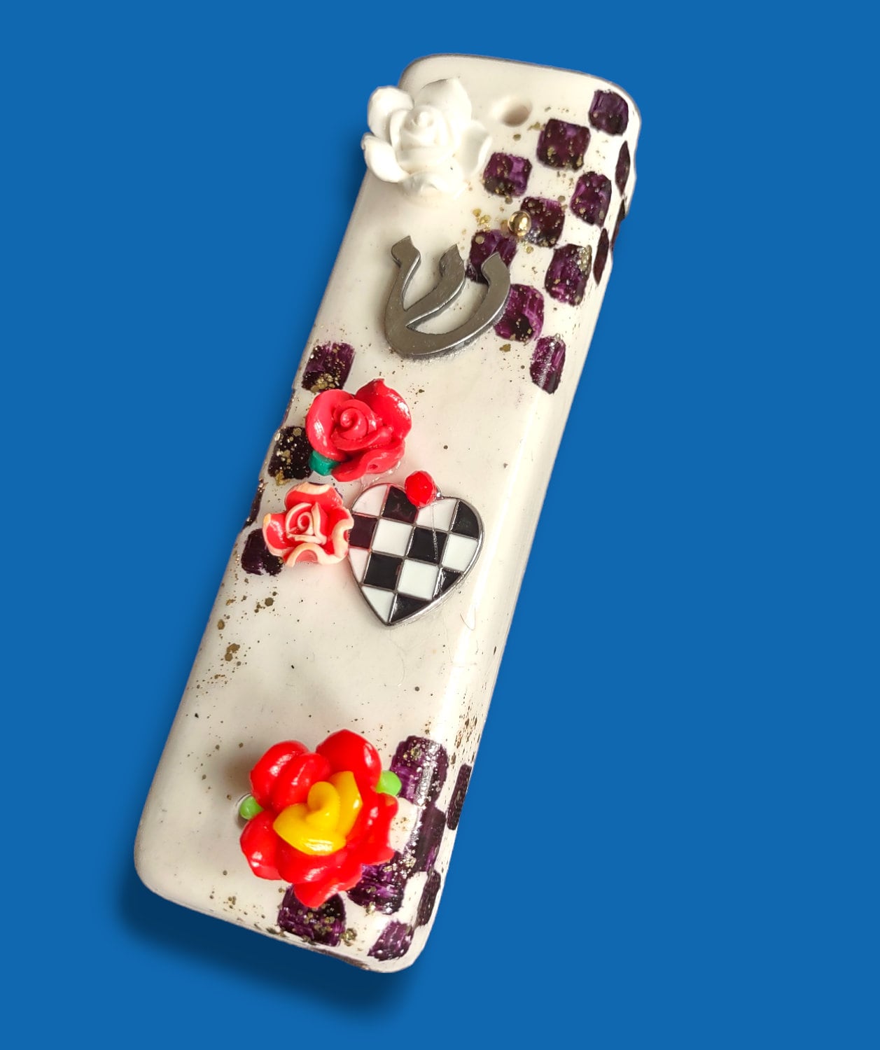 Checkerboard Ceramic Mezuzah Case with Glitter & Flowers