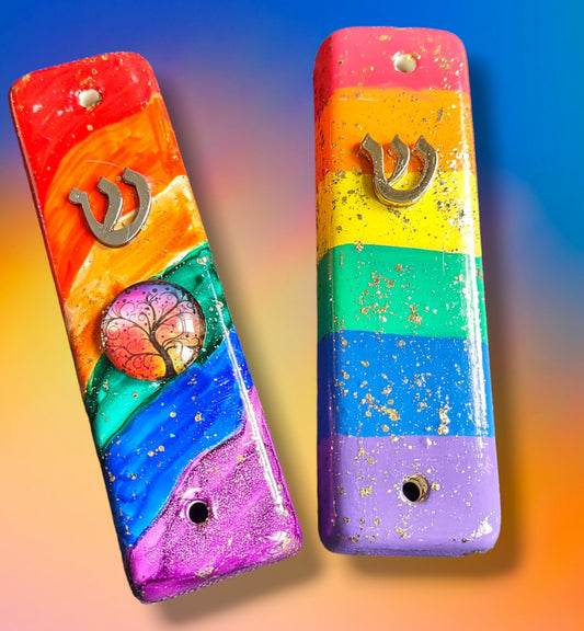 Rainbow Ceramic Mezuzah Case with Gold Glitter Shin