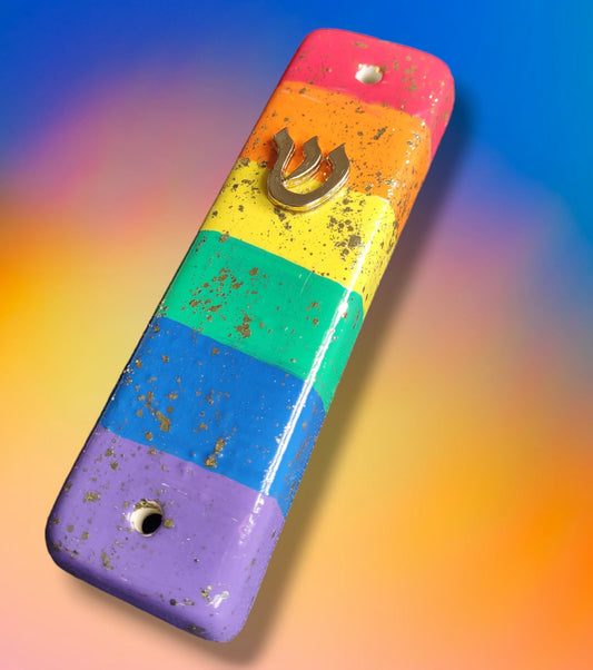 Rainbow Ceramic Mezuzah Case with Gold Glitter Shin