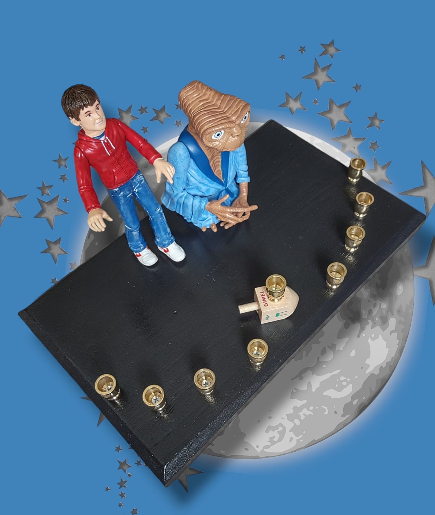 Collector E.T. Menorah ET and Elliot Pop Culture Judaica Hanukkiah Repurposed Toys