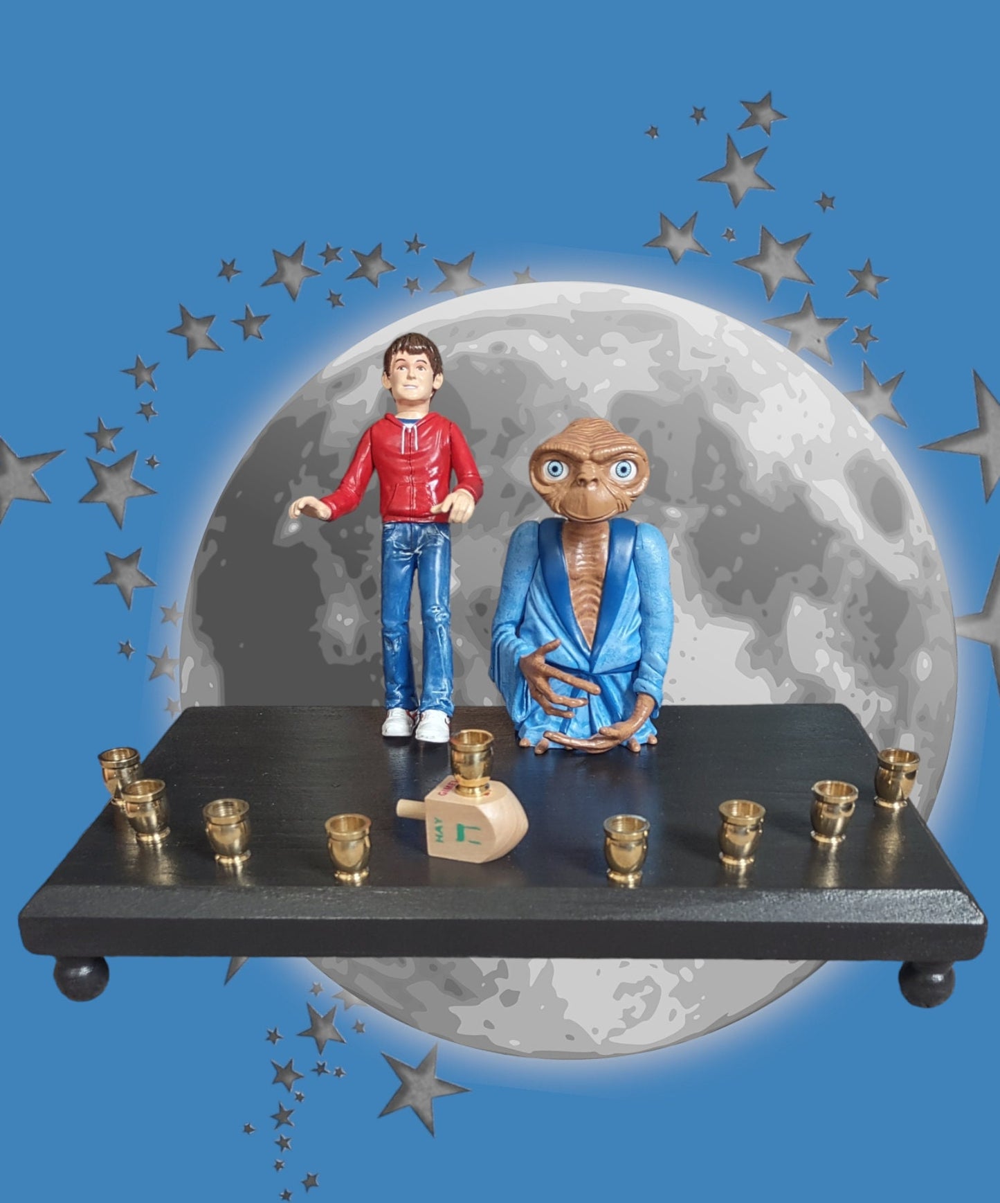 Collector E.T. Menorah ET and Elliot Pop Culture Judaica Hanukkiah Repurposed Toys
