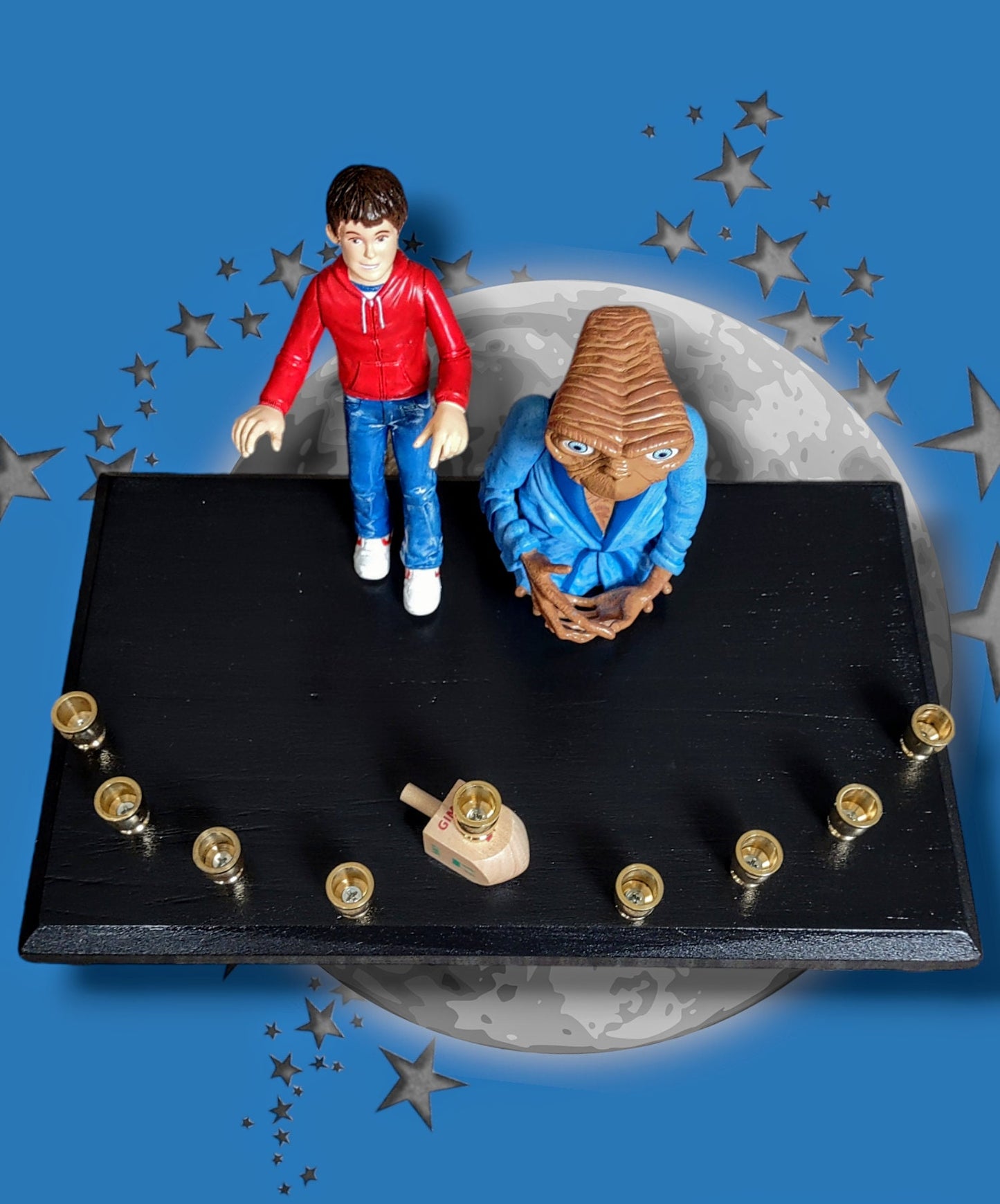 Collector E.T. Menorah ET and Elliot Pop Culture Judaica Hanukkiah Repurposed Toys