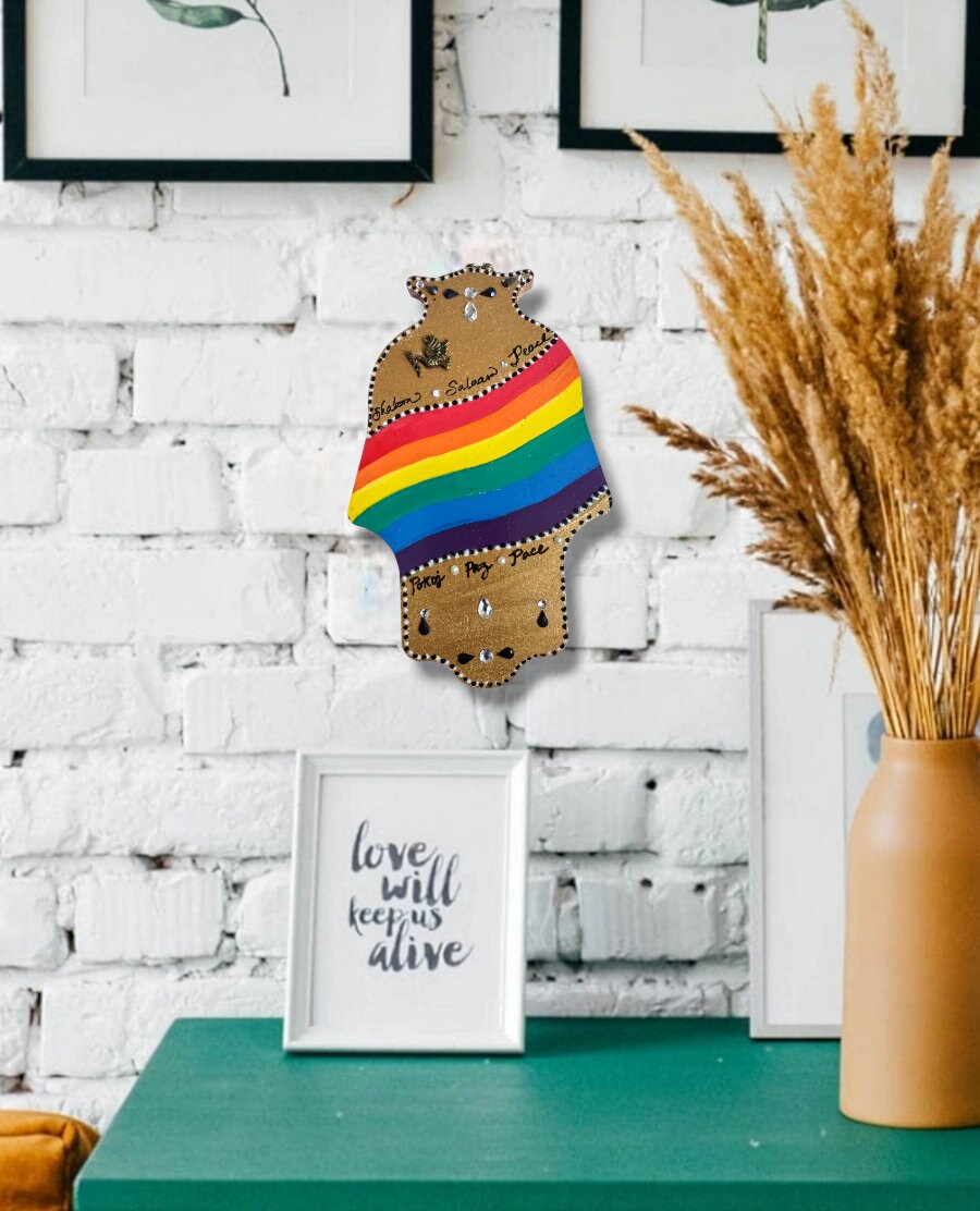 Peace Rainbow and Gold Hanging Hamsa Protection Jewish Home Shalom Hebrew Peace