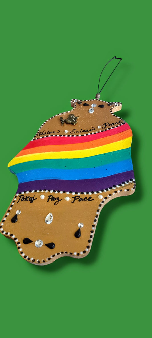 Peace Rainbow and Gold Hanging Hamsa Protection Jewish Home Shalom Hebrew Peace