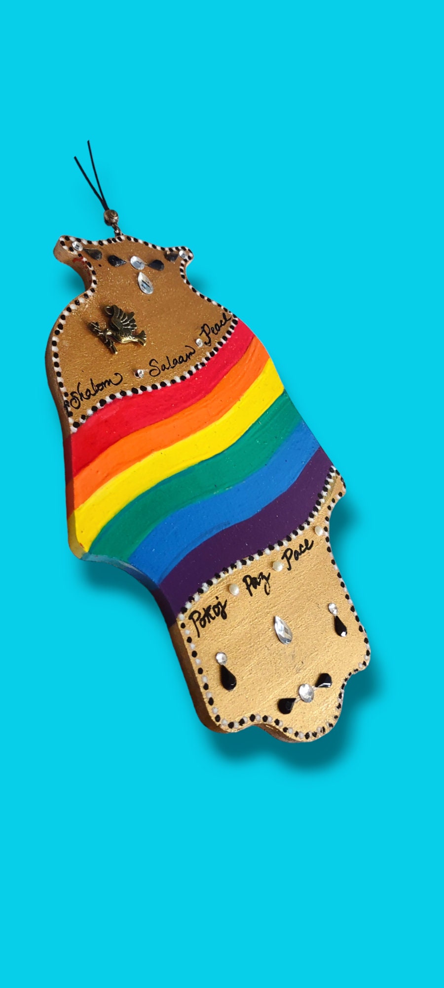 Peace Rainbow and Gold Hanging Hamsa Protection Jewish Home Shalom Hebrew Peace