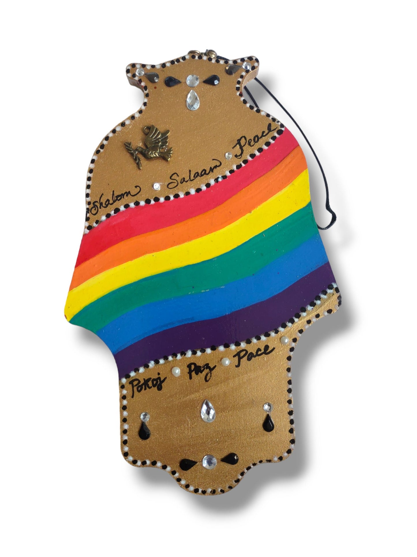 Peace Rainbow and Gold Hanging Hamsa Protection Jewish Home Shalom Hebrew Peace