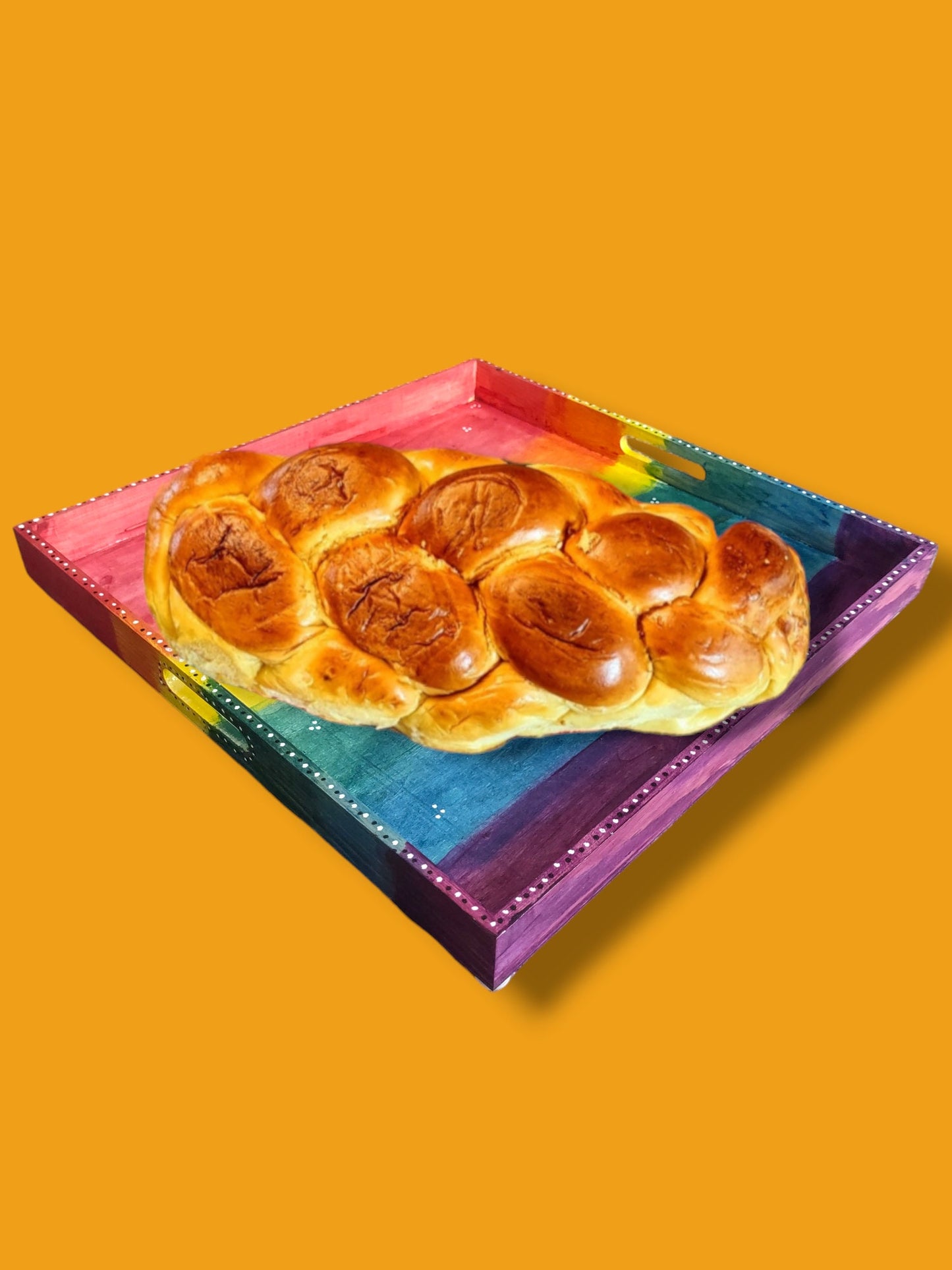 Stained Rainbow Wood Challah Plate: Hand-Painted Pesach Plate