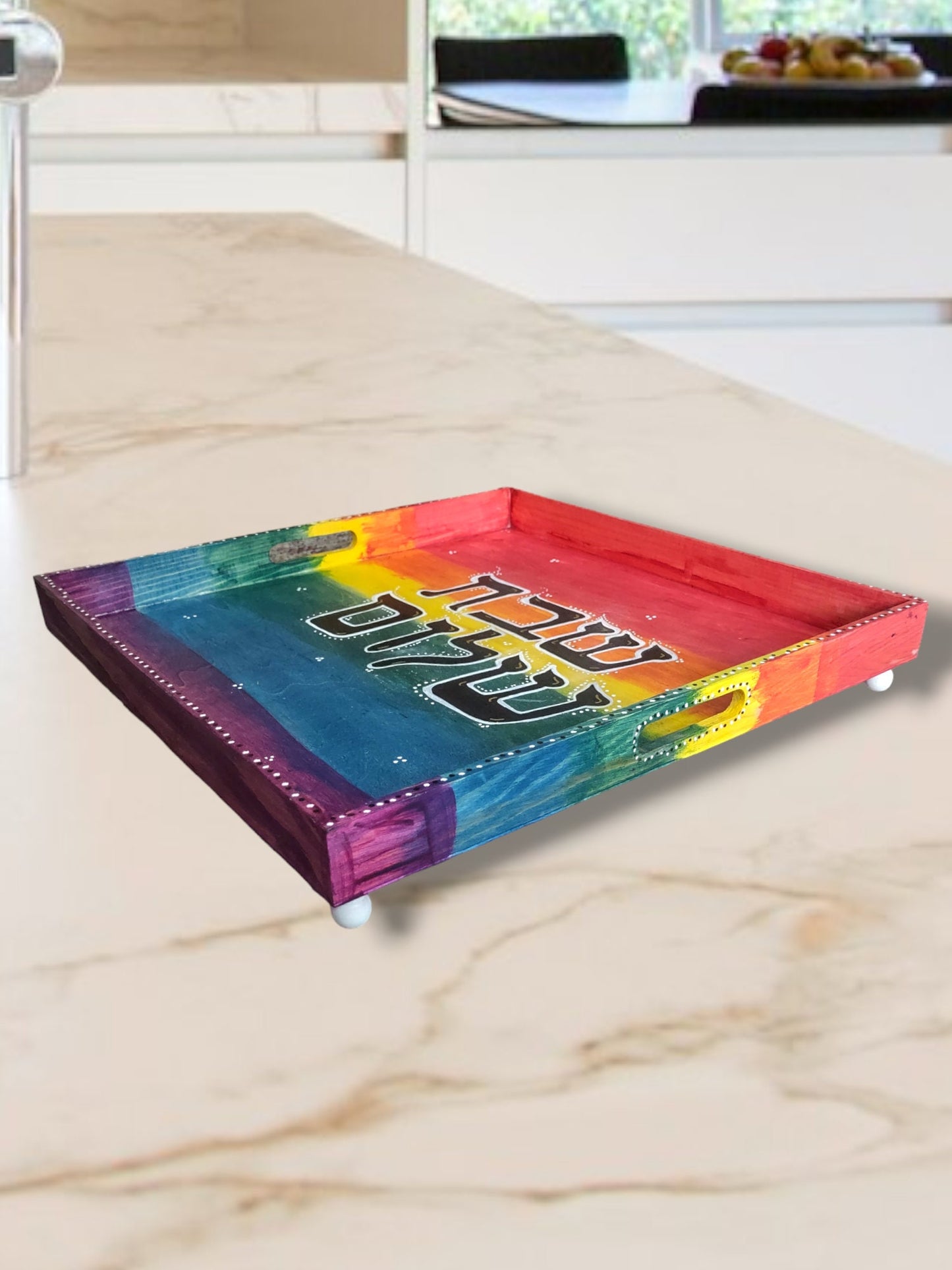 Stained Rainbow Wood Challah Plate: Hand-Painted Pesach Plate