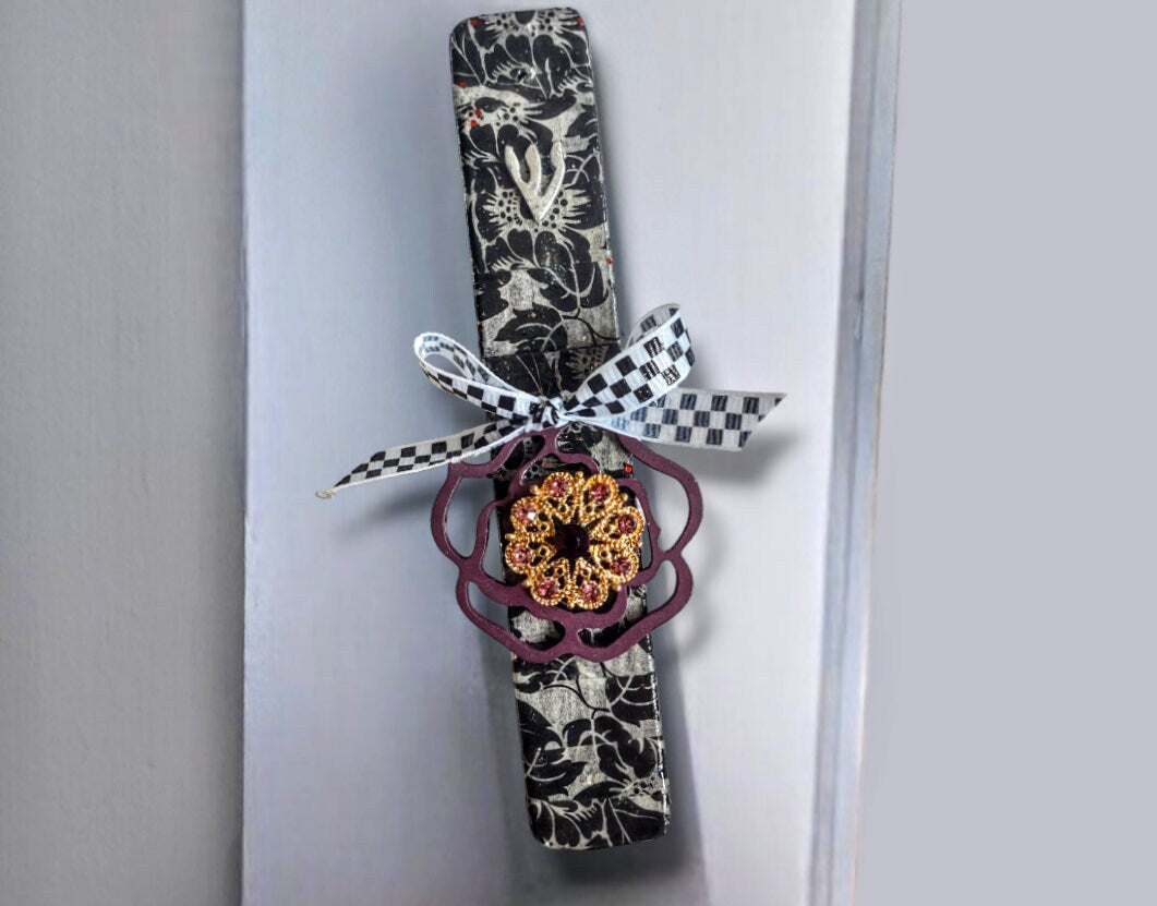Wooden Black and White Decoupage with Ribbon and Repurposed Jewelry Mezuzah Mezuzot