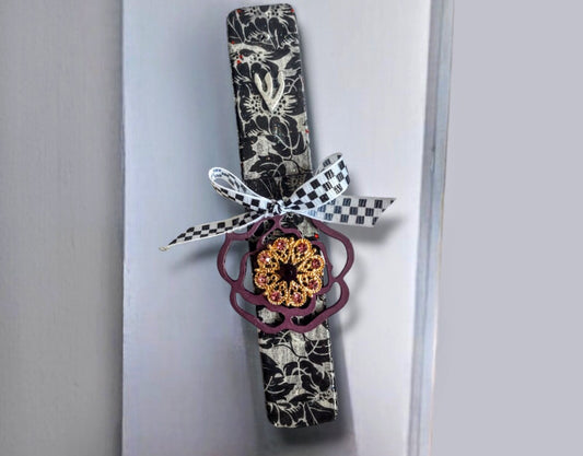 Wooden Black and White Decoupage with Ribbon and Repurposed Jewelry Mezuzah Mezuzot