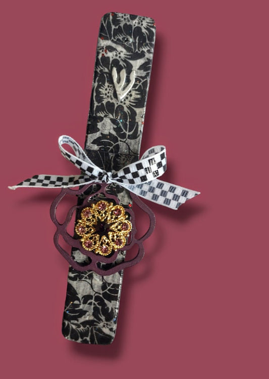 Wooden Black and White Decoupage with Ribbon and Repurposed Jewelry Mezuzah Mezuzot