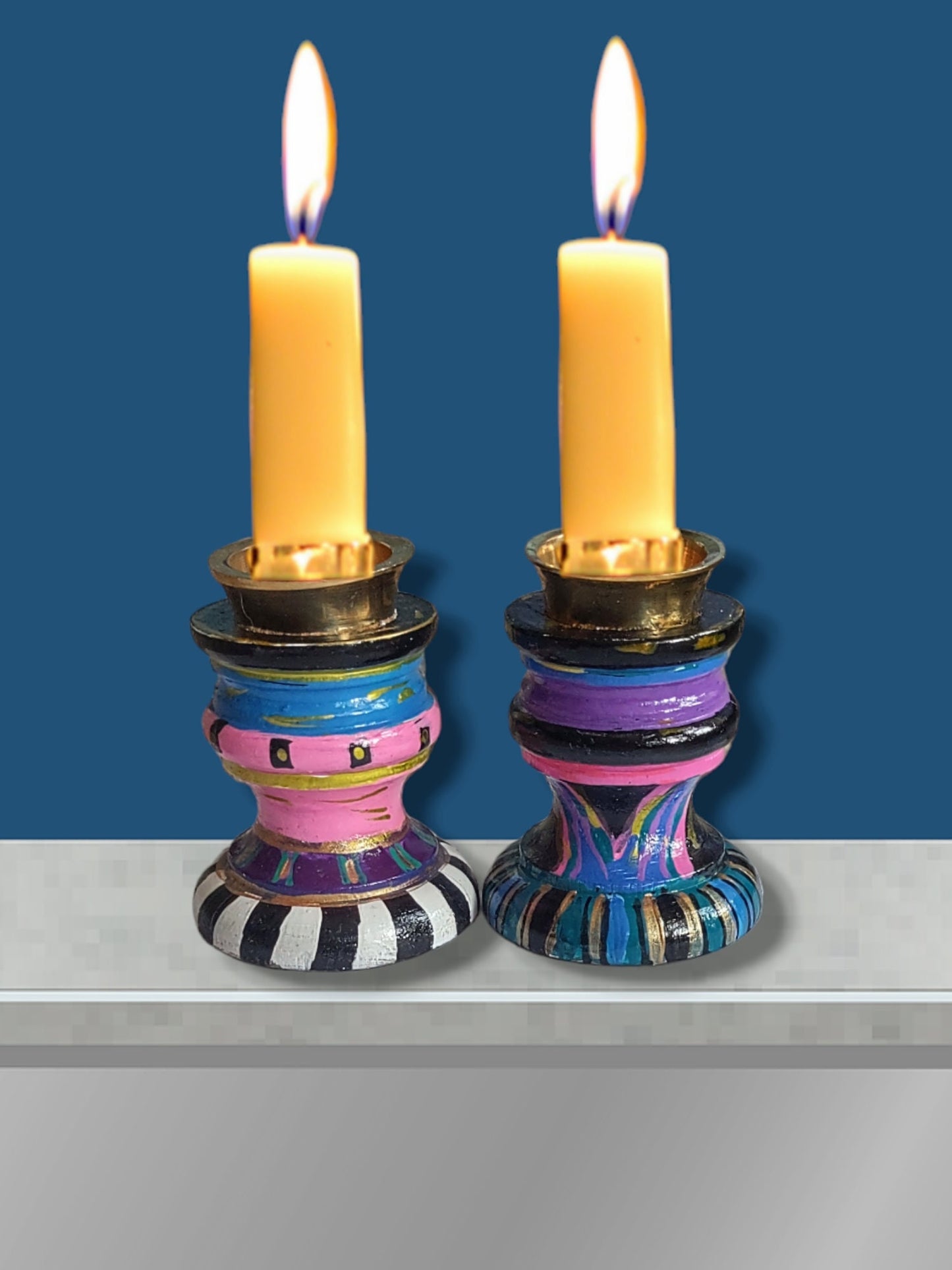 Hand Painted Mismatched Shabbat Candle Holders, Funky Decor