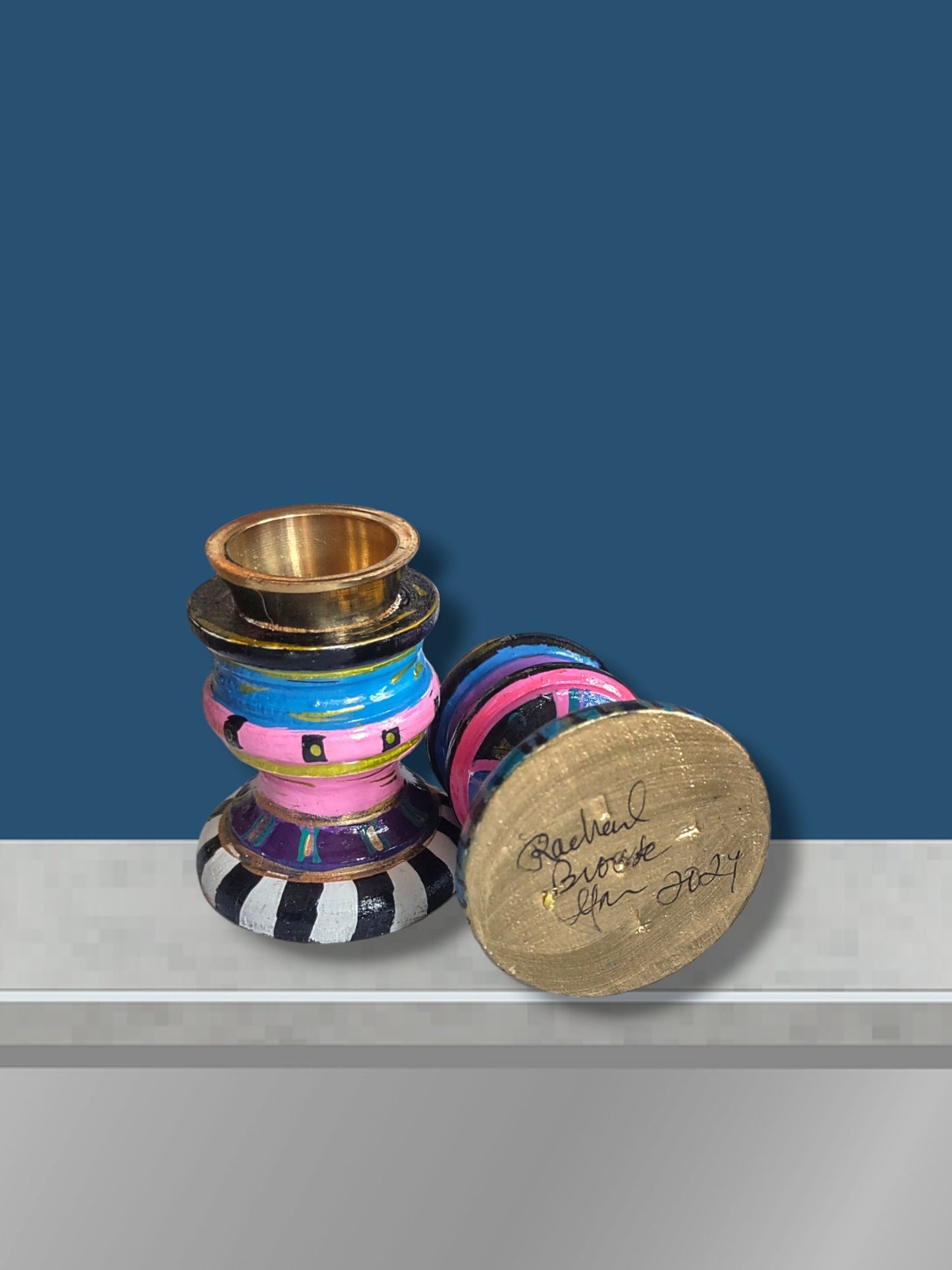 Hand Painted Mismatched Shabbat Candle Holders, Funky Decor