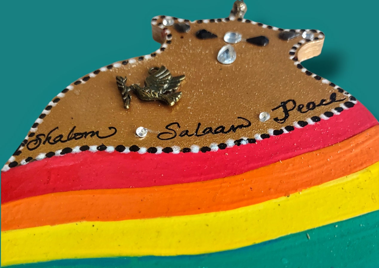 Peace Rainbow and Gold Hanging Hamsa Protection Jewish Home Shalom Hebrew Peace